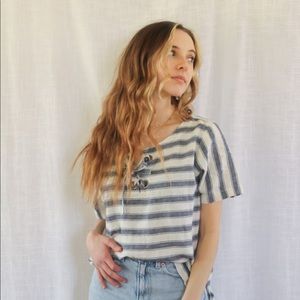 Madewell blue and white striped lace front T-shirt blouse